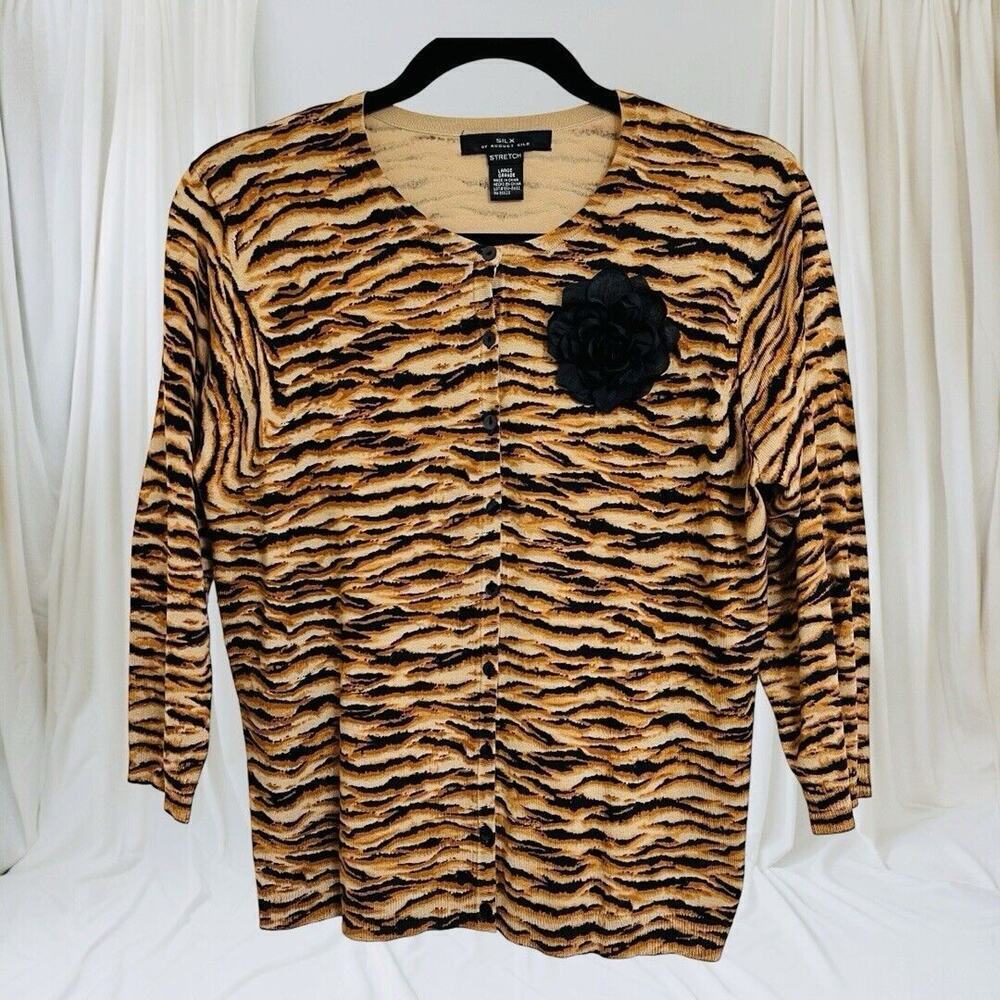 SILX‎ by August Silk Short Cardigan Silk Blend Animal Print Sweater - Picture 3 of 13